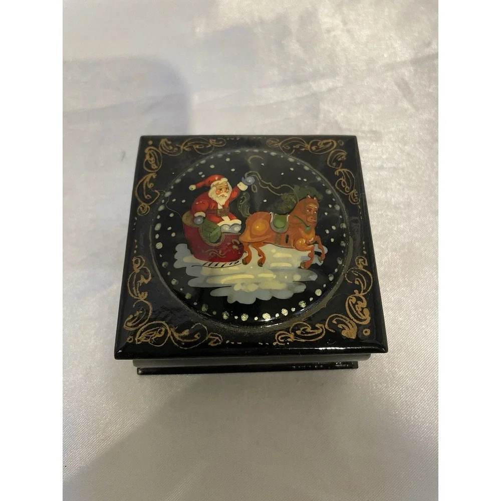 Vintage Black Lacquer Santa Claus Christmas Hand Painted Trinket Box